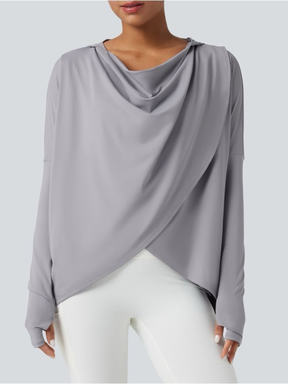 NEW HALARA Soft Draped Cross-Front Long Sleeve Top - Light Gray